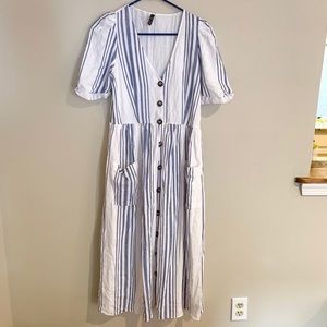 White dress with blue stripe and buttons